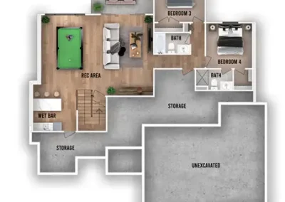 The Heather lower level two bedrooms each with own bath, family room with bar, unfinished storage space, area under garage is unexcavated