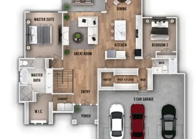 The Heather main level with 3 car garage, primary bedroom, kitchen, great room, additional bedroom, master bath and full bath. Open floor plan